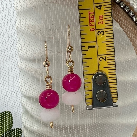 Bright Pink White & Gold Beaded Earrings - Picture 6 of 12